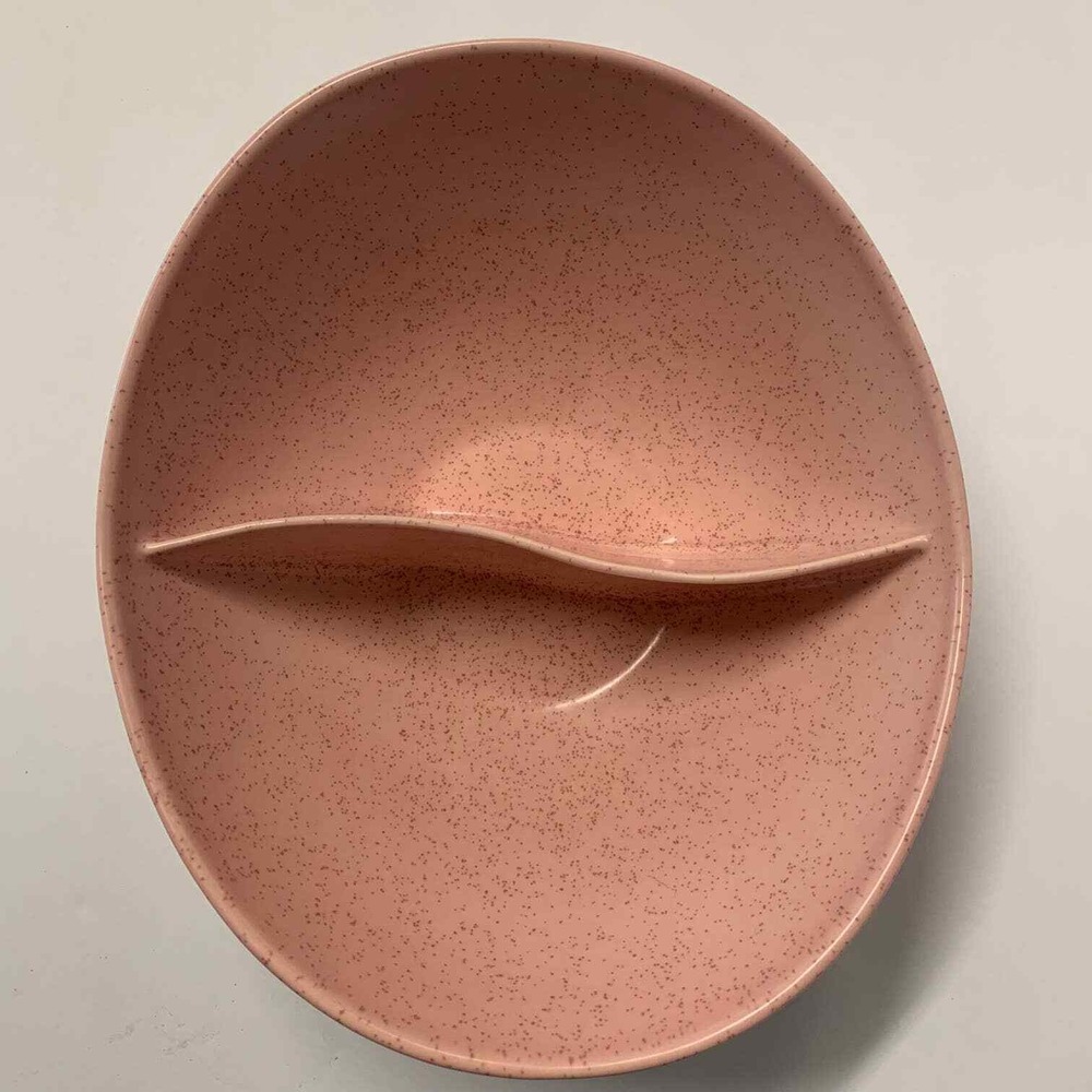 Vernon‎ Ware Divided Serving Bowl Tickled Pink Speckled Oval Ceramic MCM 10in